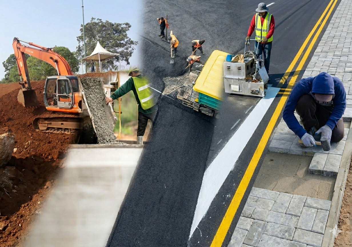 Mesin pengaspalan hotmix sedang mengerjakan proyek jalan raya